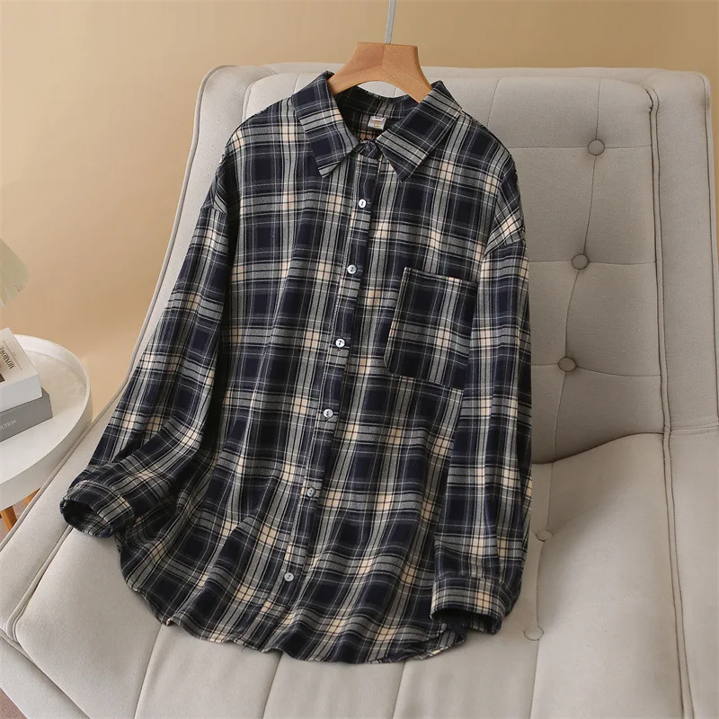 XXXXL moda de talla grande ropa de mujer blusas primavera 2026 camisa a cuadros de solapa cepillada de manga larga 541