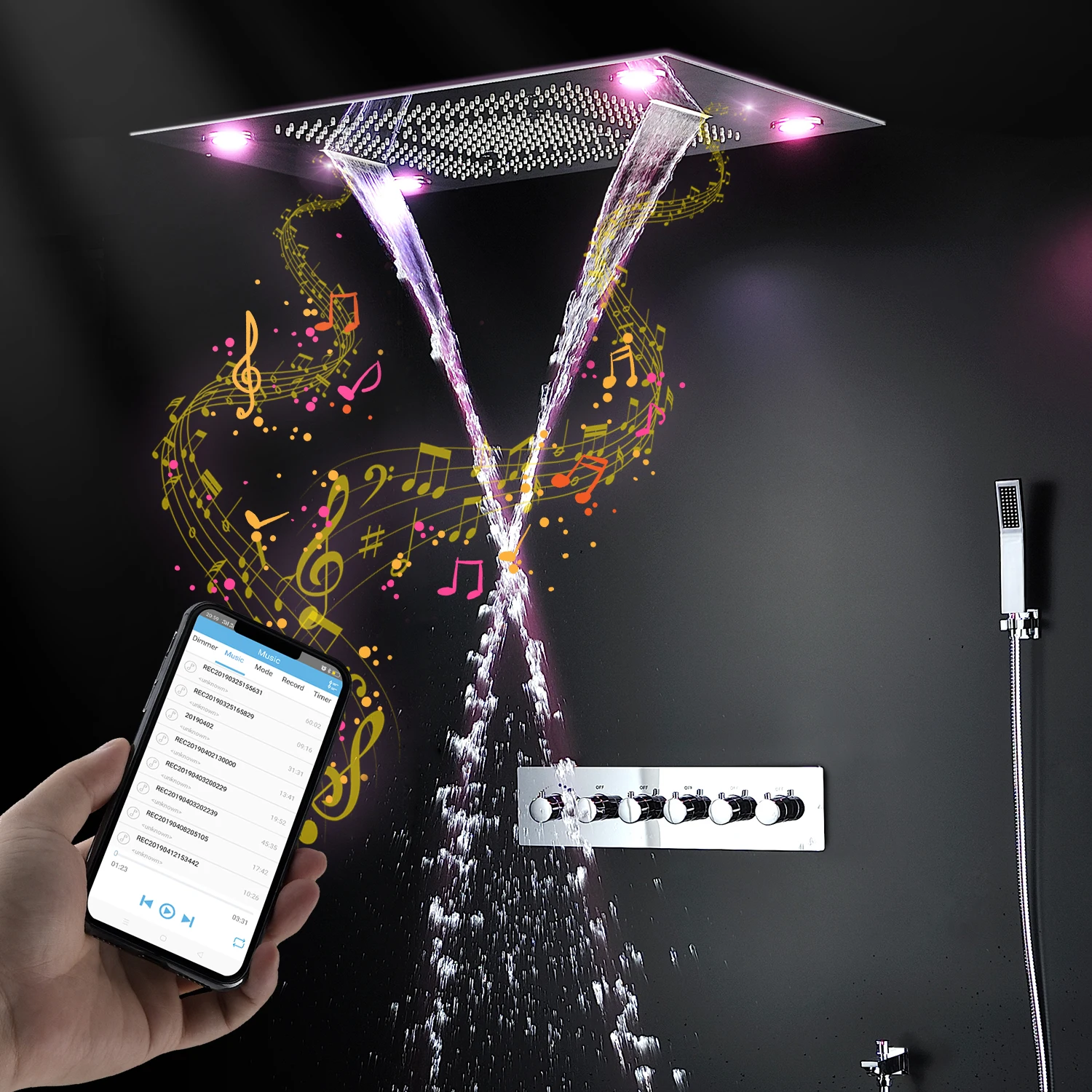 Music Shower Set LED 31'' Ceiling Shower Bathroom Thermostatic Set Rainfall Massage Waterfall Spa Faucets 5 Functions