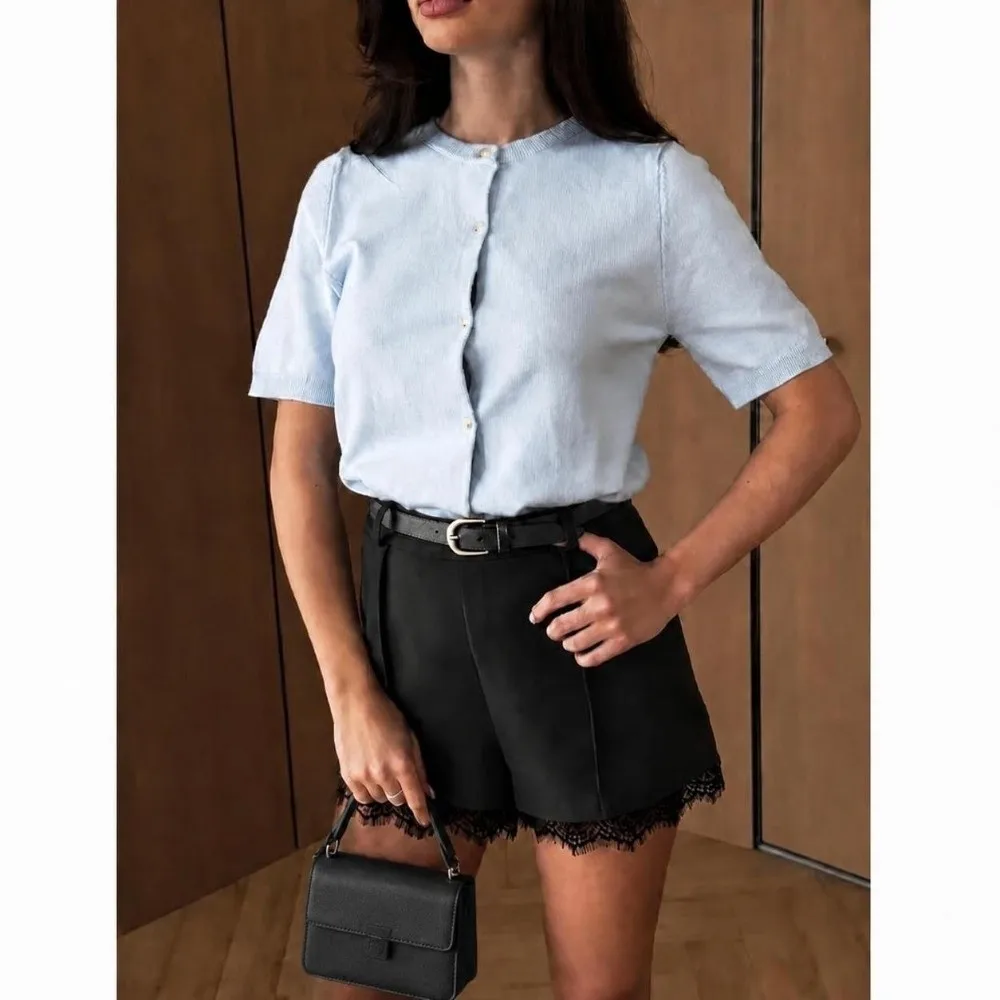 Black High Waist Blazer Short Pant Wrinkle Free Relax Fit Pleated Front Shorts Lace Splice Elegant Lace Trim Shorts