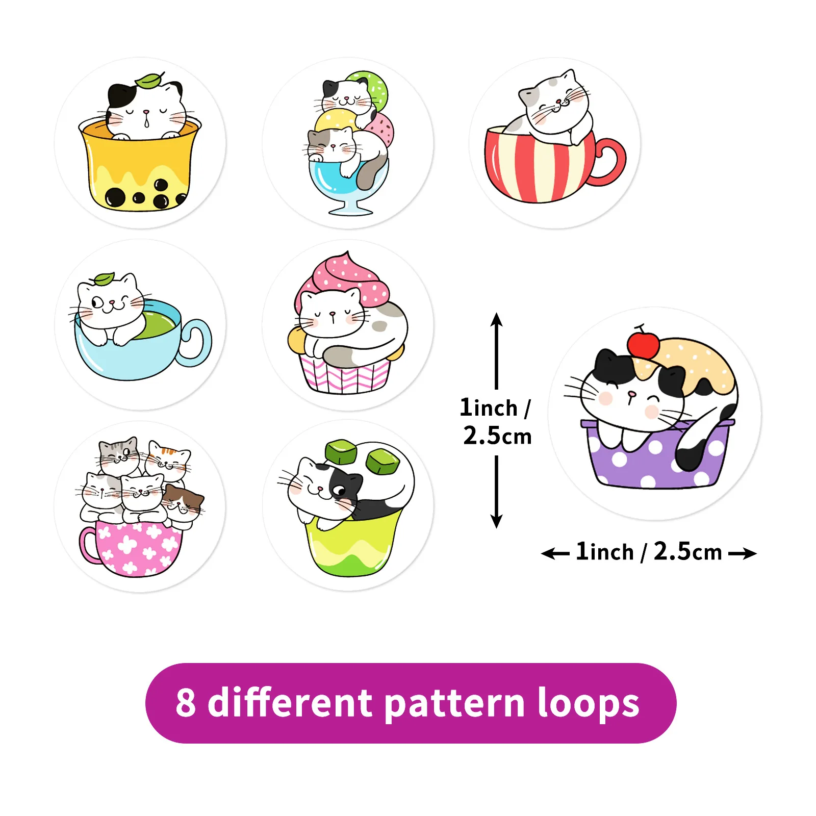 500 hojas / rollo de linda taza de dibujos animados CAT Kids roll Food Packaging Selling sticker