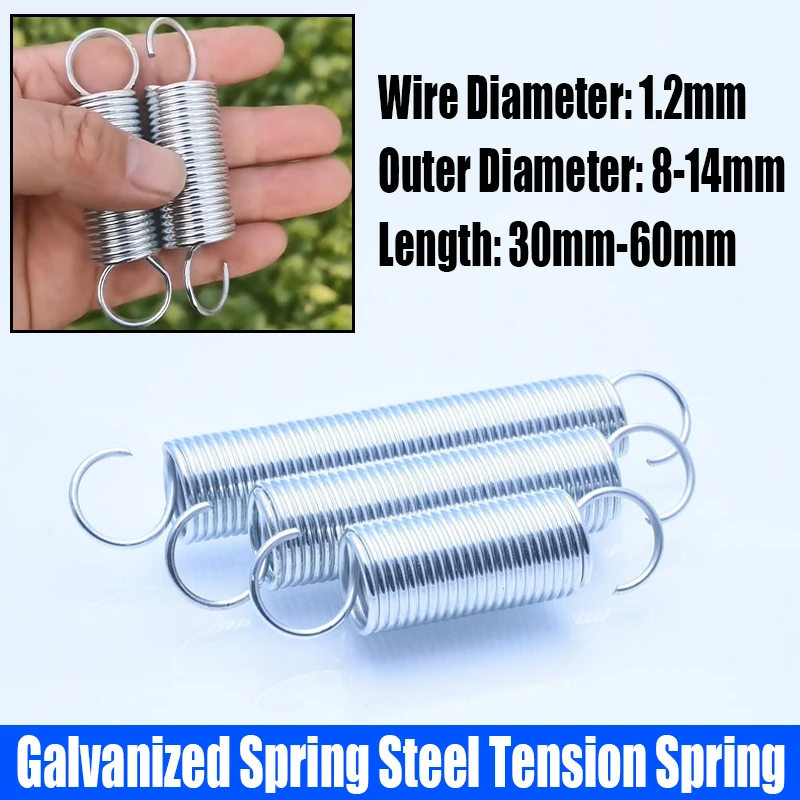 1.2mm Wire Diameter Galvanized Spring Steel Extension Tension Spring Coil Spring S Hook Pullback Spring Outer Diameter 8mm-14mm