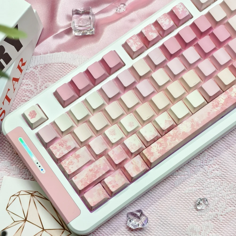 Gradient Pink Sakura Keycap Cherry Height Side-engraved Translucent Keycaps PBT Heat Sublimation Mechanical Keyboard Caps