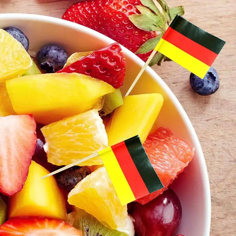 100Pcs Food Sticks Germany Flag Cupcake Toppers Mini American Flags on Stick Wood Cocktail Skewers Party Decoration Supplies