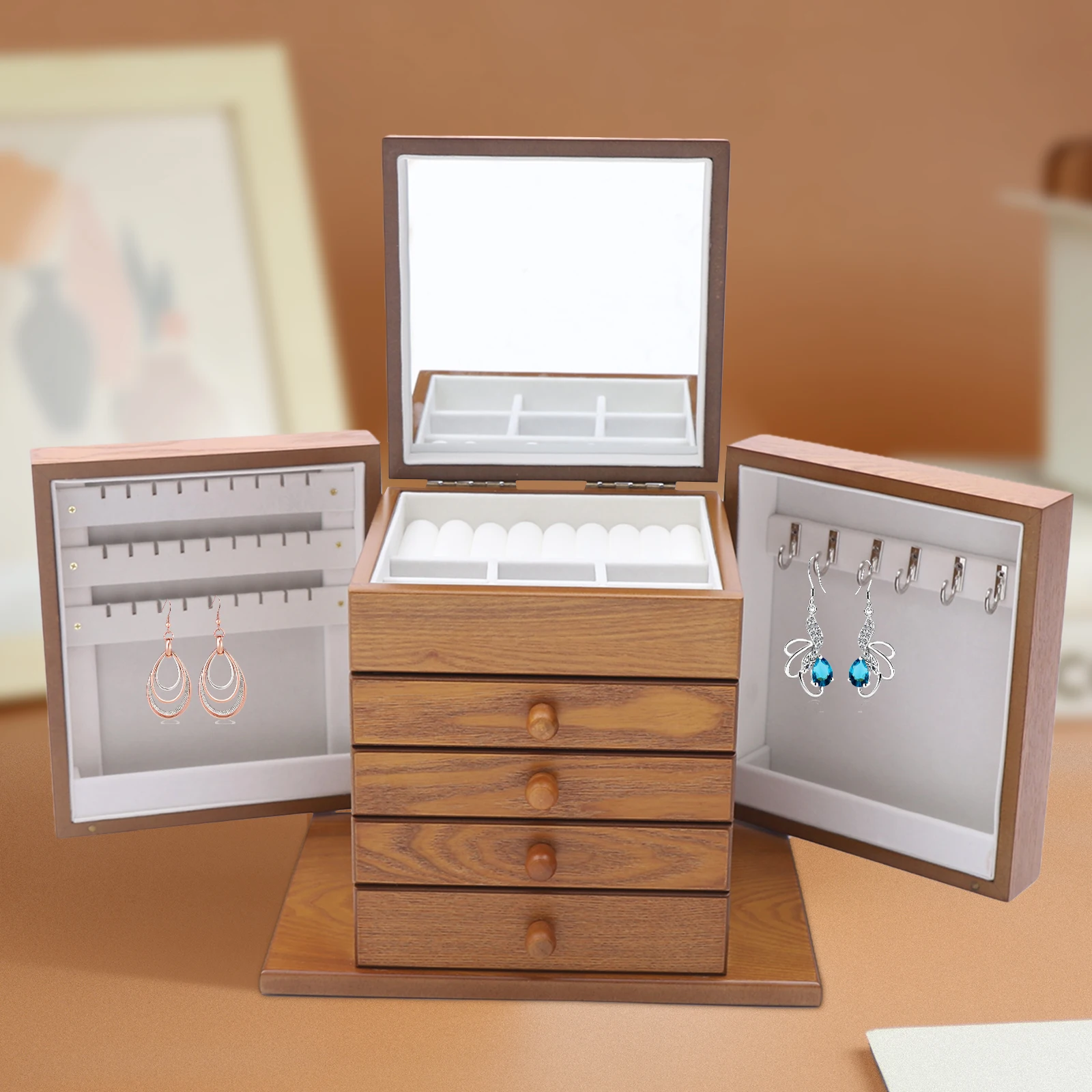 

Vertical Jewelry Storage Box 5 Layers, Space-Saving Organizer with 6 Hooks, Compact MDF Case for Vanity Table & Dormitory