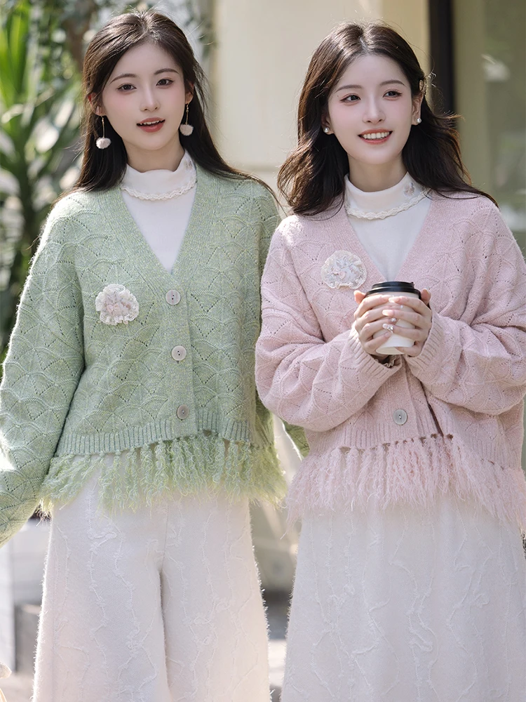 

Вязаный кардиган Chuan Dai Time из вельвета с бахромой, свободный крой, V-образный вырез, накидка на плечи, повседневный свитер, из полиэфирного волокна, длинный рукав