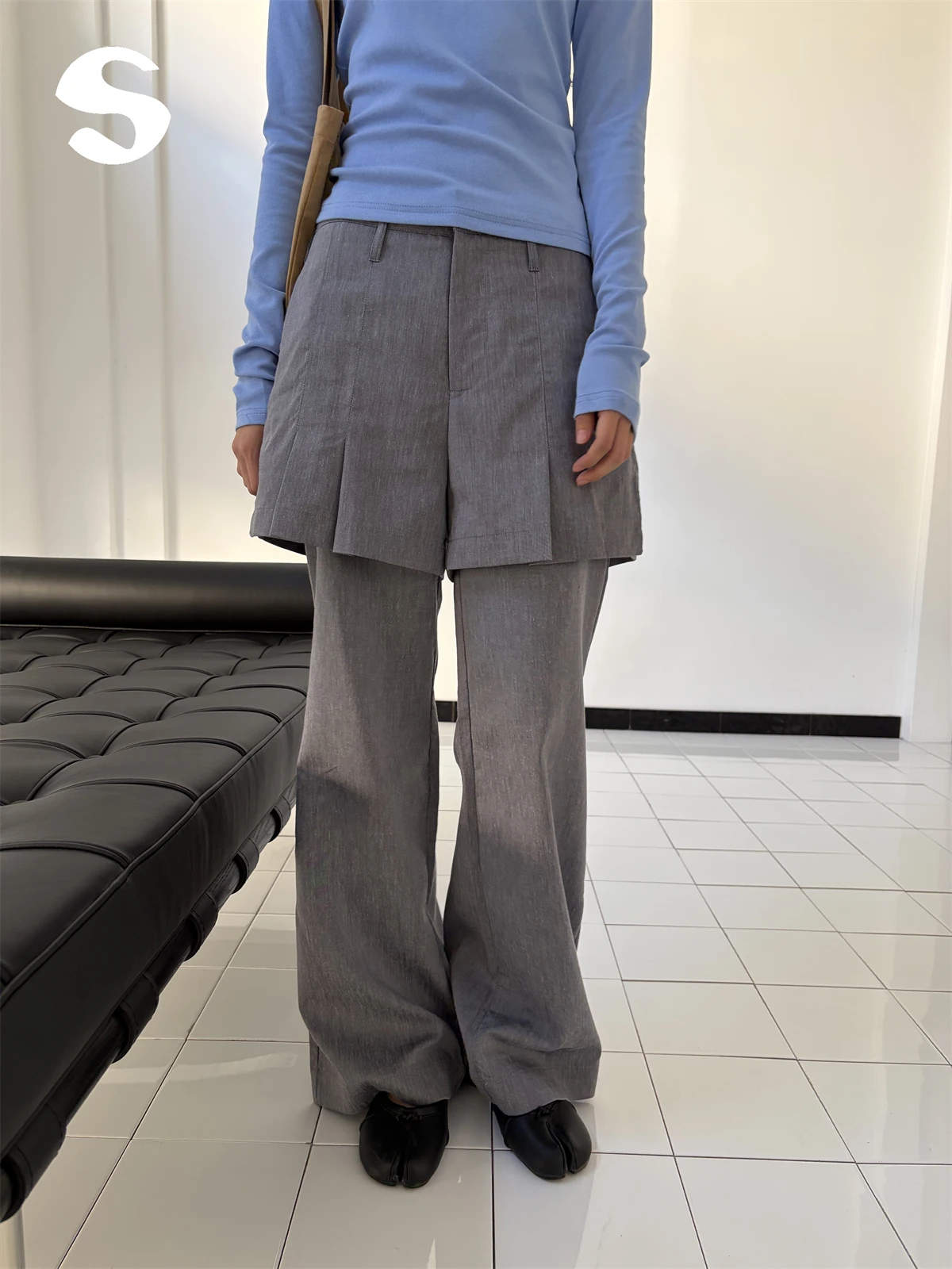 

Korean Style Fake Two-Piece Grey Straight Leg Casual Skirt Pants Women Summer High Waist Zipper Closure Skin-friendly Breathable