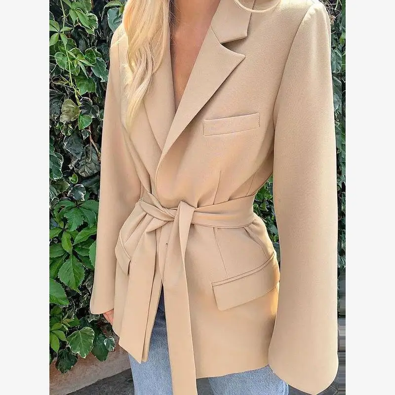 Faionable لون نقي بدلة غير رسمية للنساء ربيع 2024 الشارع Sle المحملة زر الكفة طويلة Sve منتصف طول حزام Faionable #4