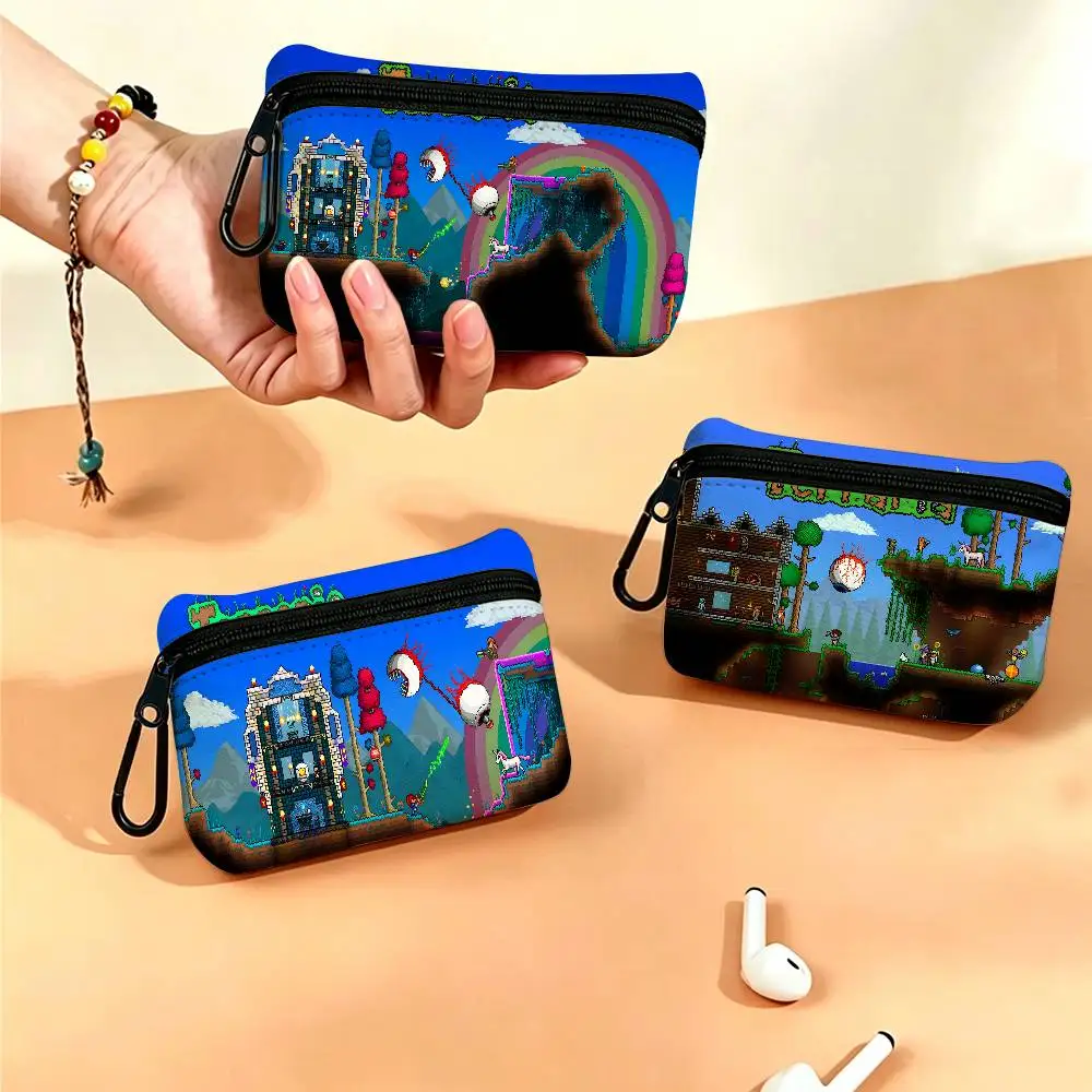 Adventure FUN T-Terraria Mini Oxford Cloth Coin Purse With Carabiner Hook Portable Key Card Wallet Small Zipper Storage Pouch