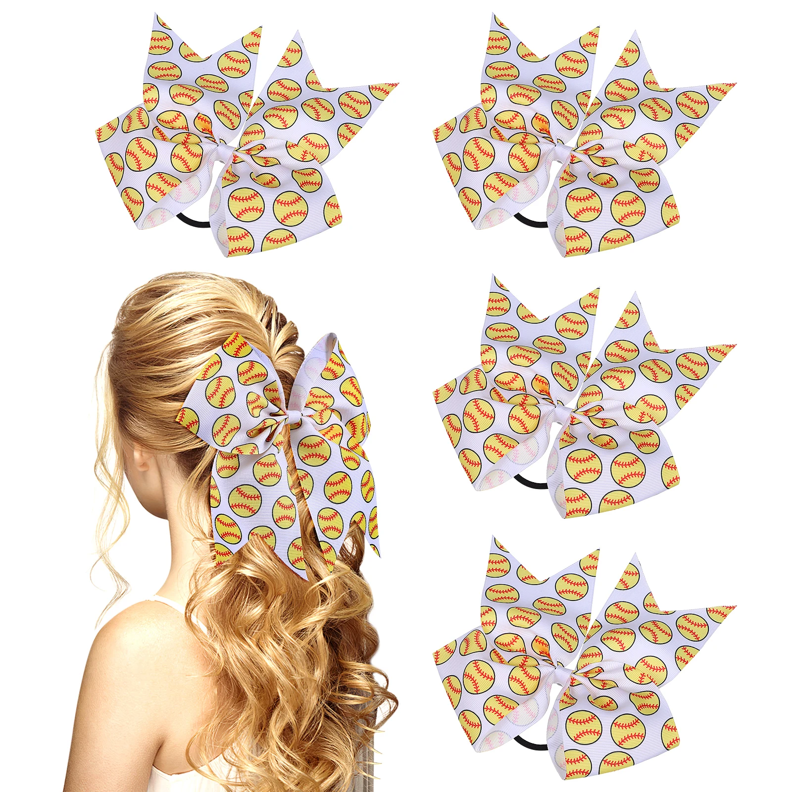 

5 Pieces Bow Hair Ties Elastic Scrunchies Softball Accessories Girls Ribbon Bands No Damage For Thick Hair Sports Theme