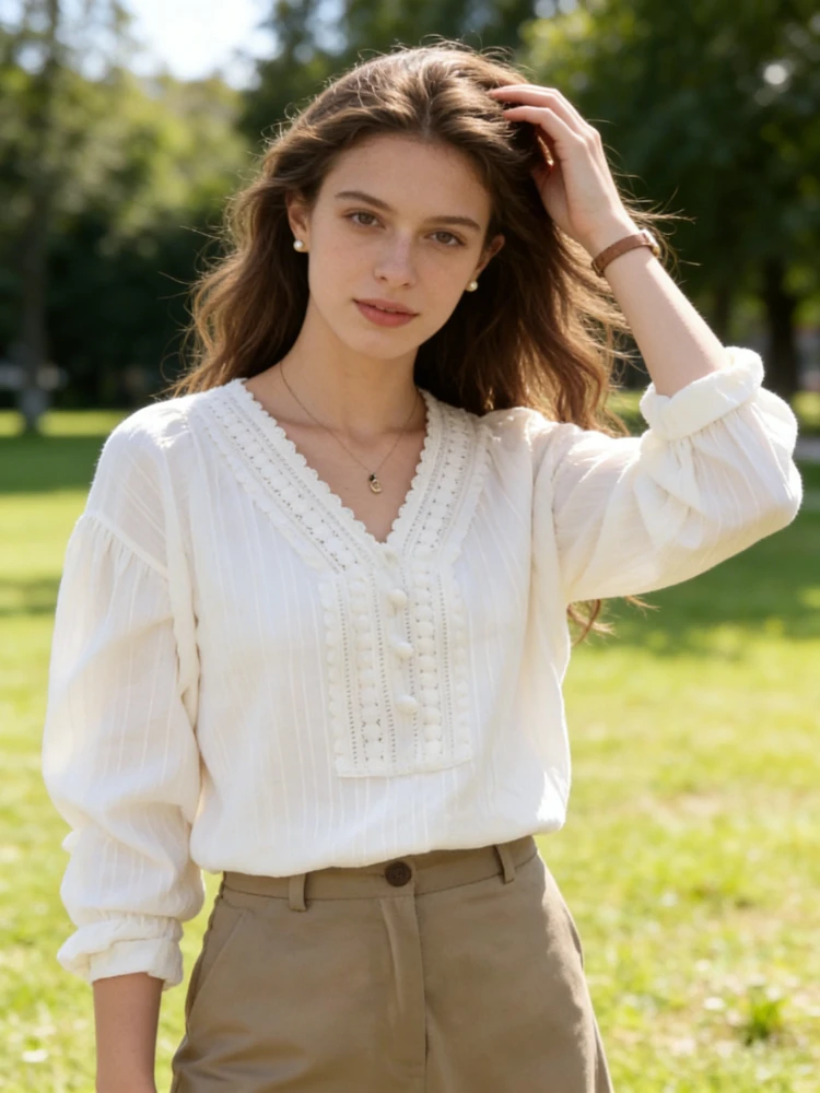 

2026 Spring and Autumn New V-Neck Lace Women's Long Sleeve Shirt Elegant Solid Color Button Slim-fit Solid Color Casual Blouse