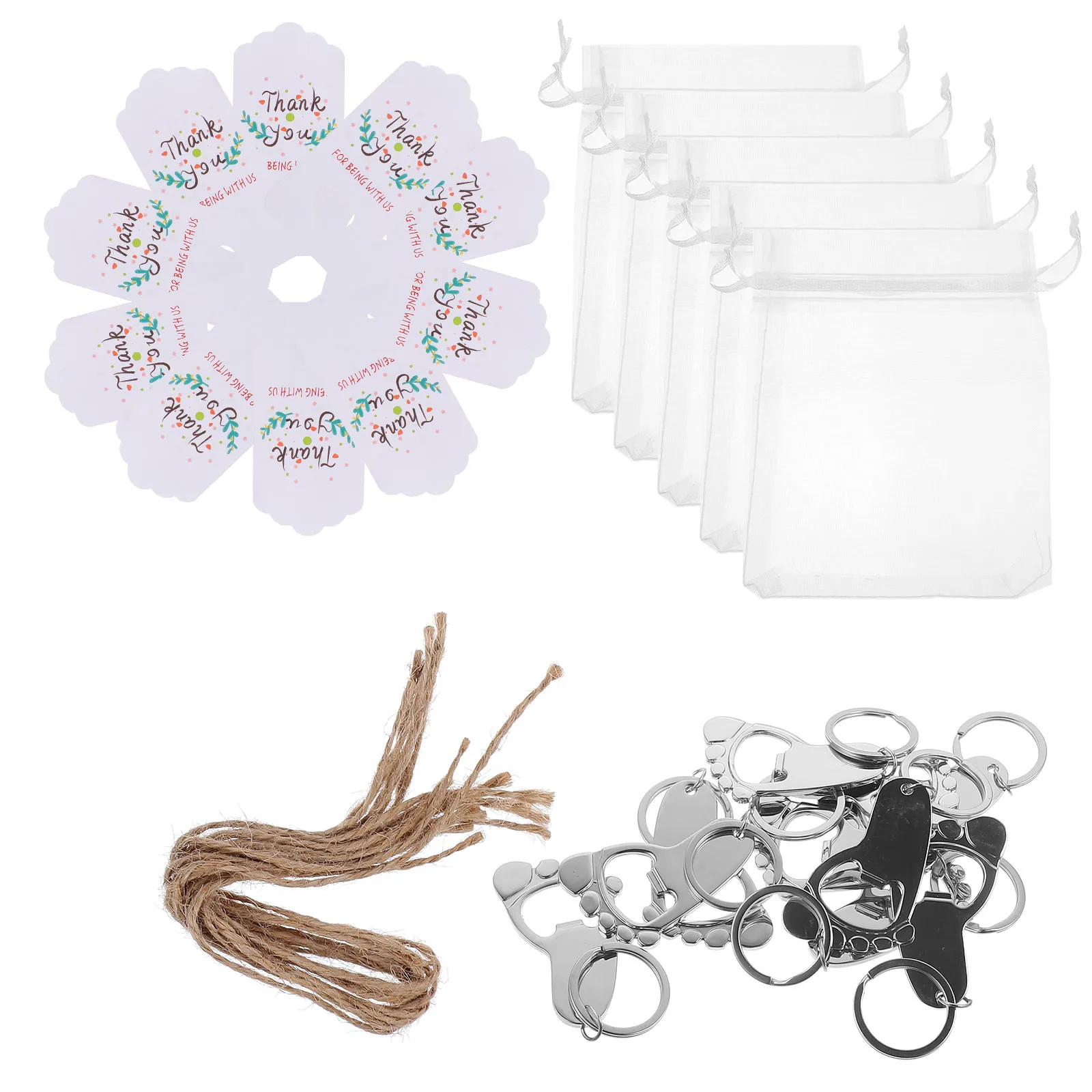 

10Sets Baby Shower Favors Baby Footprint Keychain Bottle Openers Thank Tags Portable Bags Ropes Party Gifts Bottle Openers