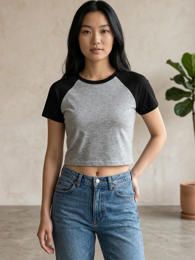 AOSSVIAO 2026 Sommer Baumwoll-T-Shirts mit Rundhalsausschnitt, Trendige Slim-Fit Farbblock Kurzarm Damen-T-Shirts, Sexy Vielseitige Crop Tops – Detail 2