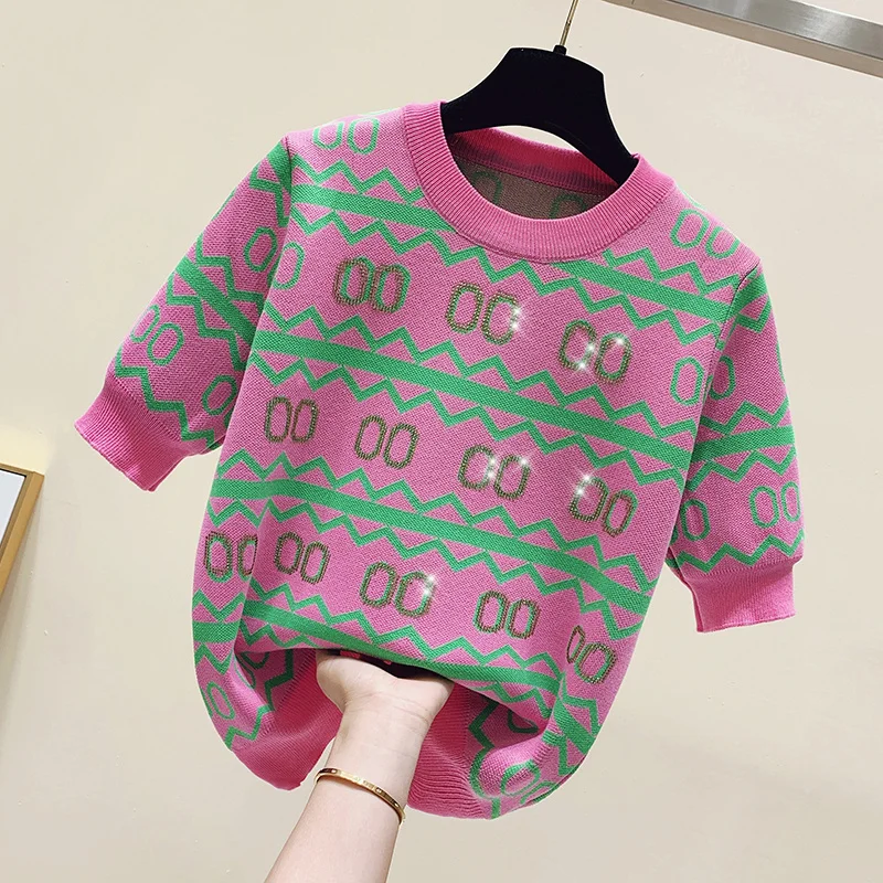 2023 letnie diamenty frezowanie kobiet sweter cienkie dzianiny z krótkim rękawem wokół szyi lodowy jedwab swetry swetry stylowe modny Top