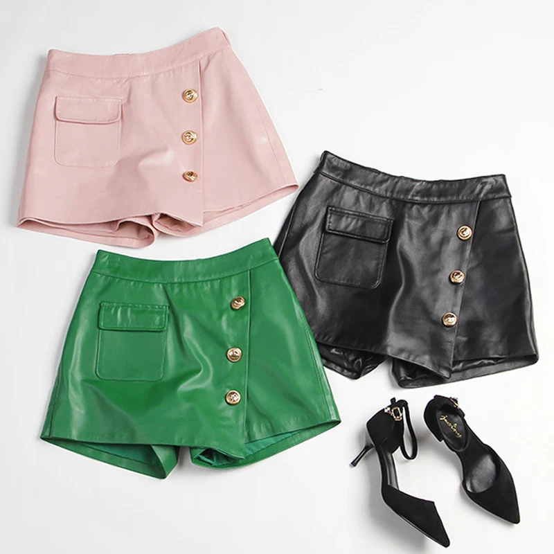 Imagem -02 - Calças de Couro Genuíno Femininas Estilo Coreano Solto Culotes Roxos Saia Botões Quadril Streetwear Sexy Shorts com Bolso