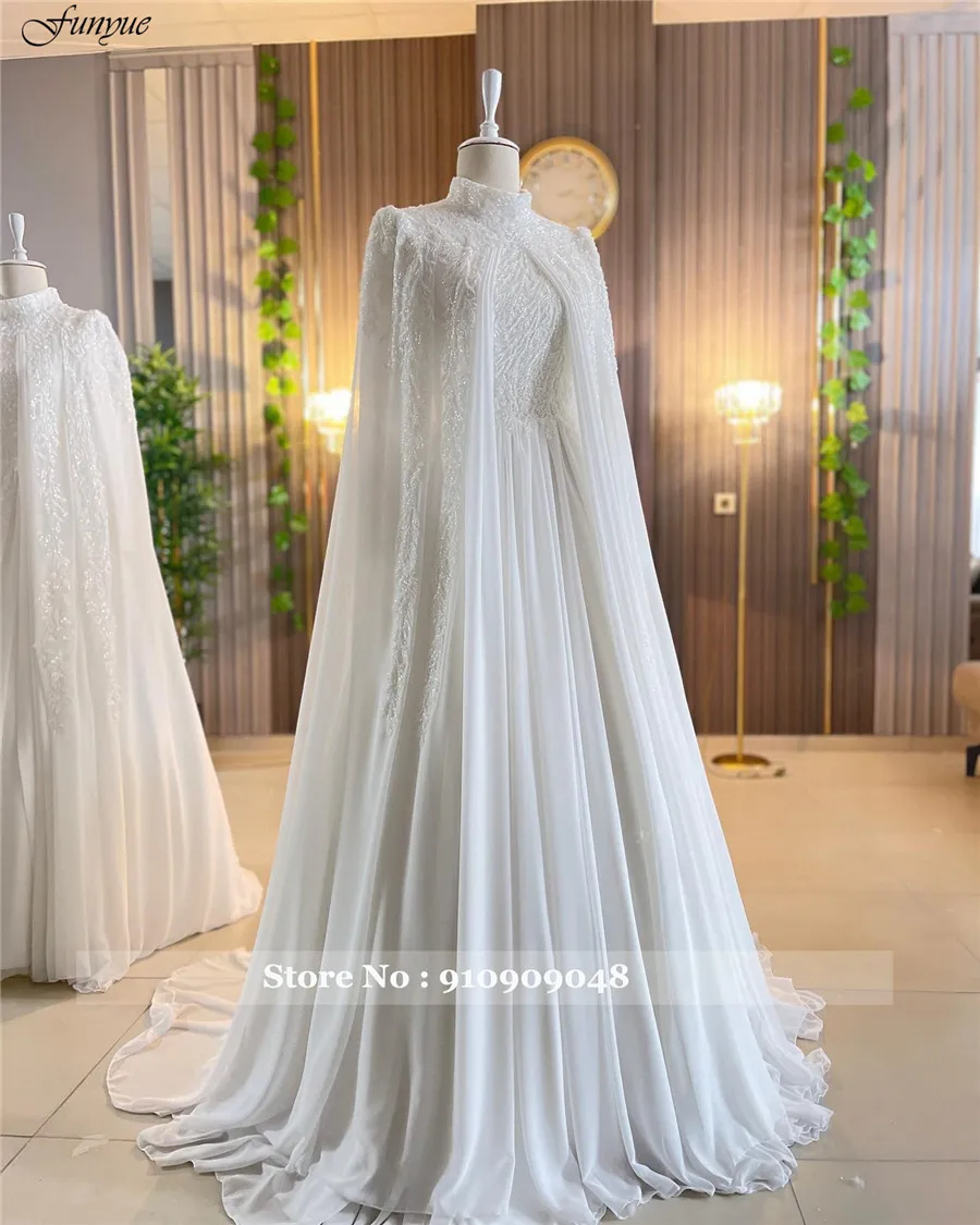 Funyue Luxury Long Sleeves Muslim A-Line Wedding Dress 2026 Beaded Chiffon High Neck Arabic Bride Gowns with Cape Robe De Mariée