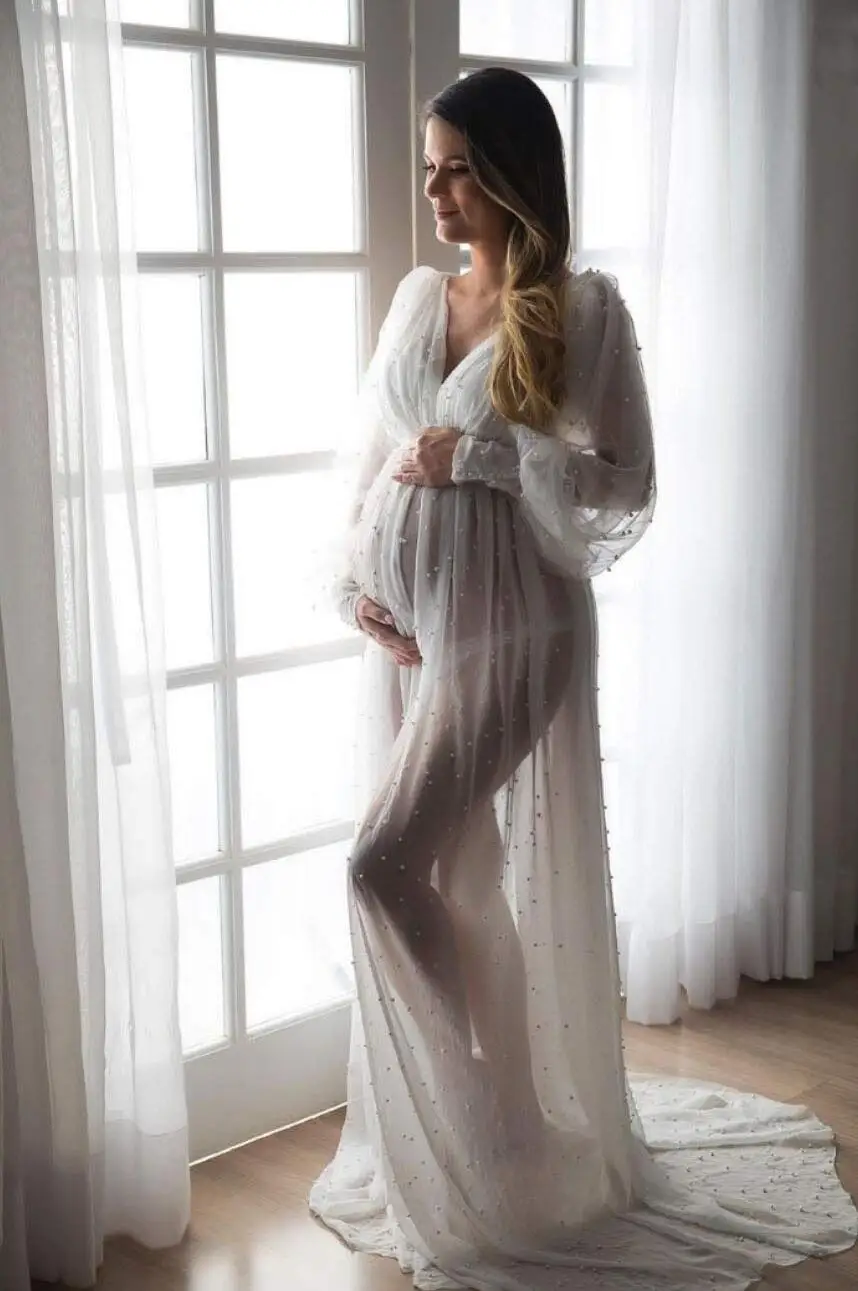 New Prom Dresses Photo Shoot Gowns Maternity Beads Photoshoot V-Neck Long Sleeves Pregnant Photography Props Baby Shower Dress