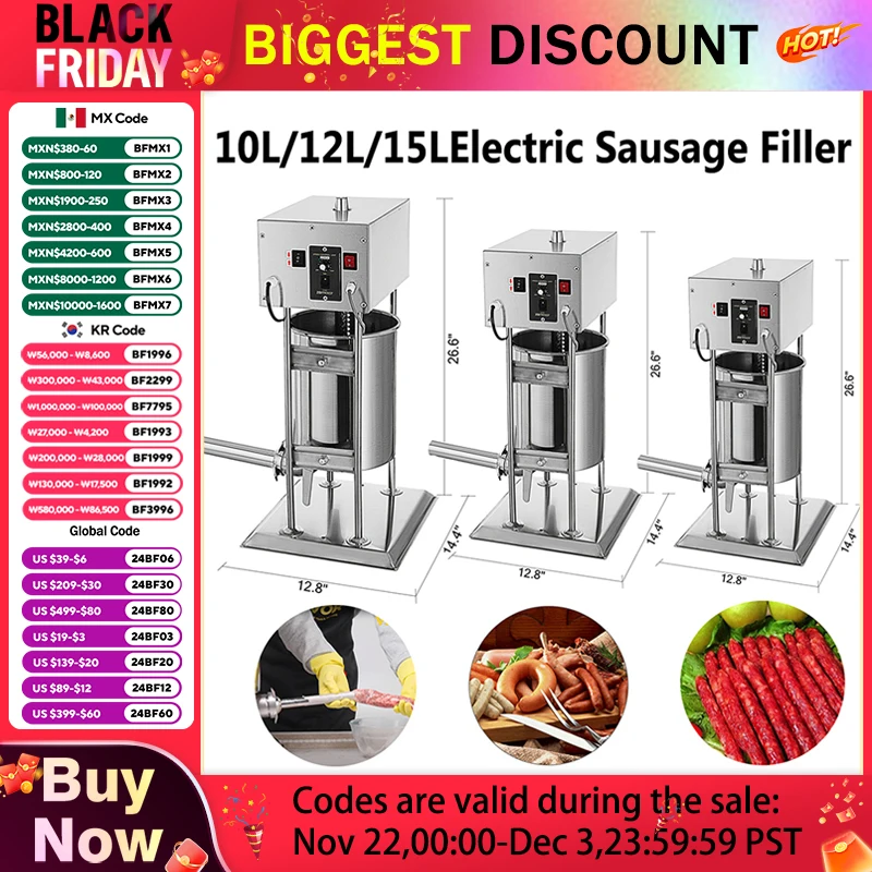 Vertical Electric Sausage Stuffer For Home 10L/12L/15L Home Appliance for Hot Dog Stainless Steel Filler Maker With 4 Nozzles