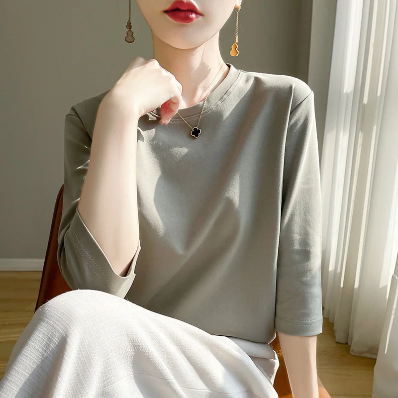 

Весенне-летняя новая футболка из мерсеризованного хлопка с укороченными рукавами, женская свободная рубашка с круглым вырезом из 100% хлопка с короткими рукавами