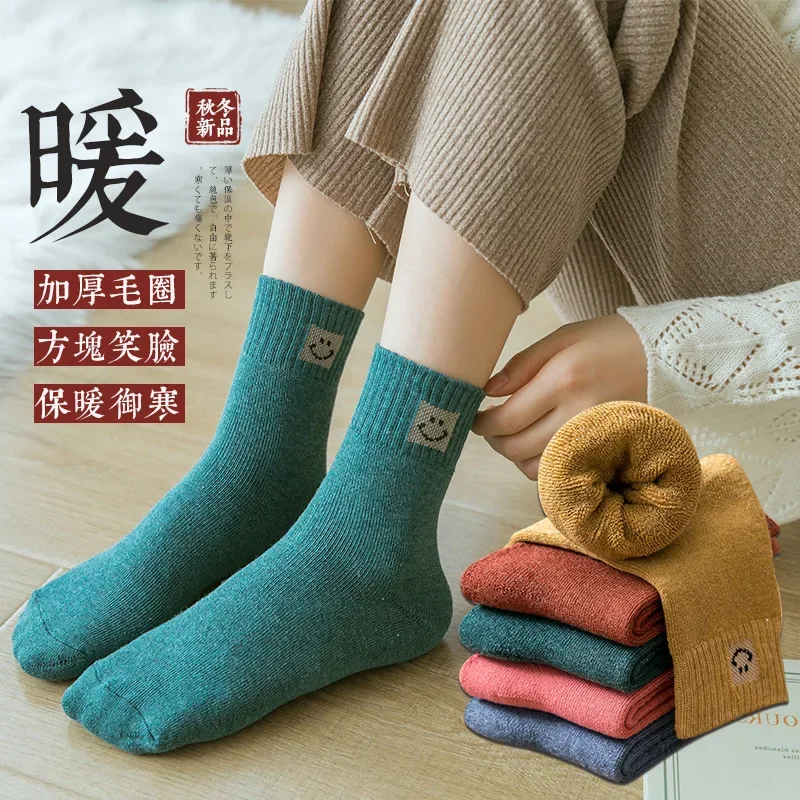 Socks women's medium tube winter velvet thickened warm terry socks women's Japanese confinement floor towel