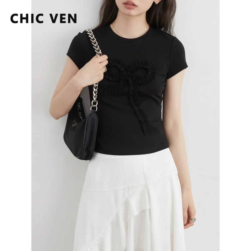

CHIC VEN Women T-shirts Korean Solid O-Neck Three-dimensional Bow Short Sleeved Slim Tees Fashion Female Tops Summer New 2025