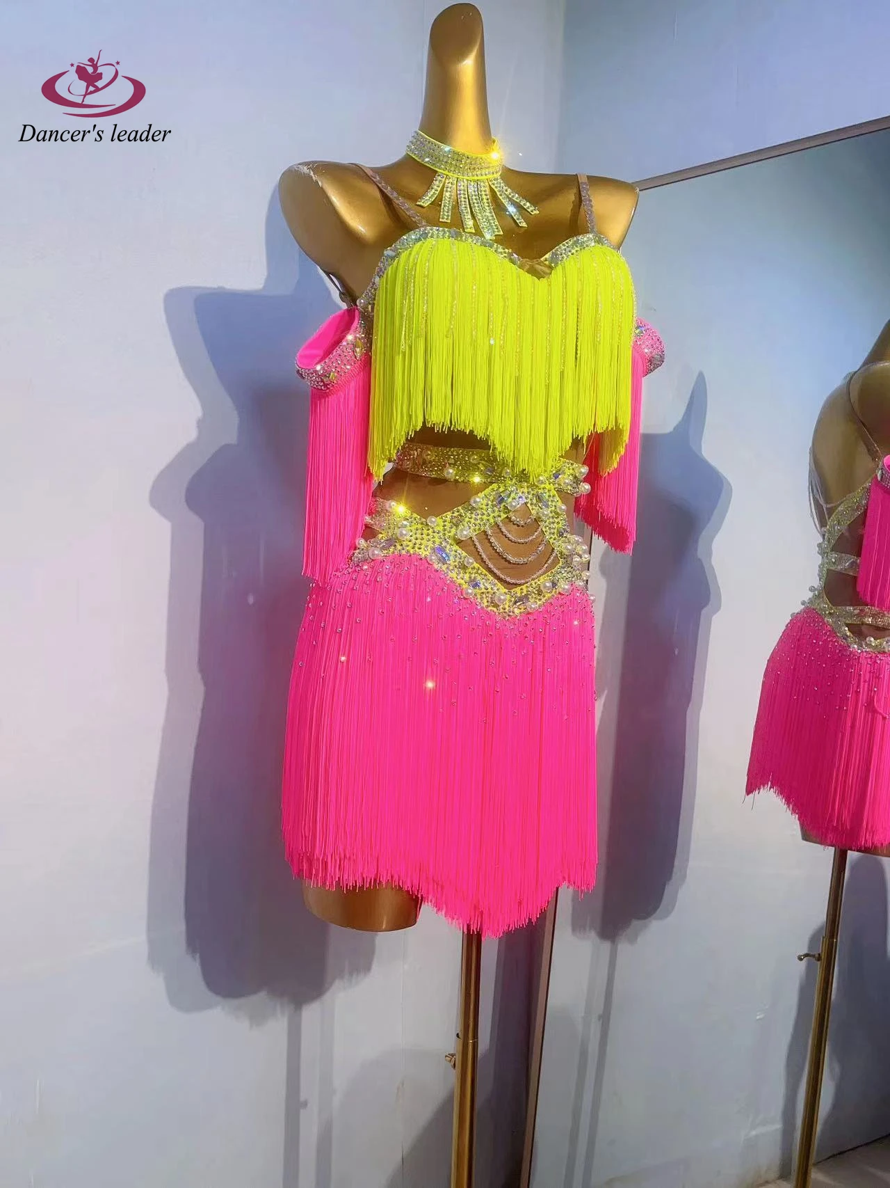 Abito professionale da ballo latino Abbigliamento da palcoscenico standard per adulti di fascia alta personalizzato per industria pesante bicolore con nappa