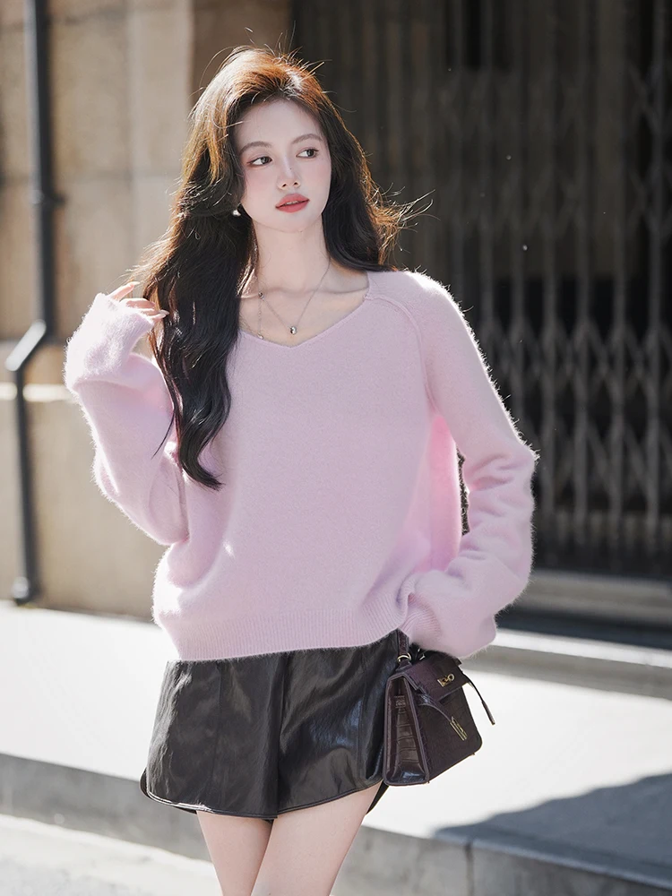 

Mature Fur Blend Knitted Sweater Women's V-ne Innerwear Outerwear Casual Sle Long Sve Regular Fit Spring Faion