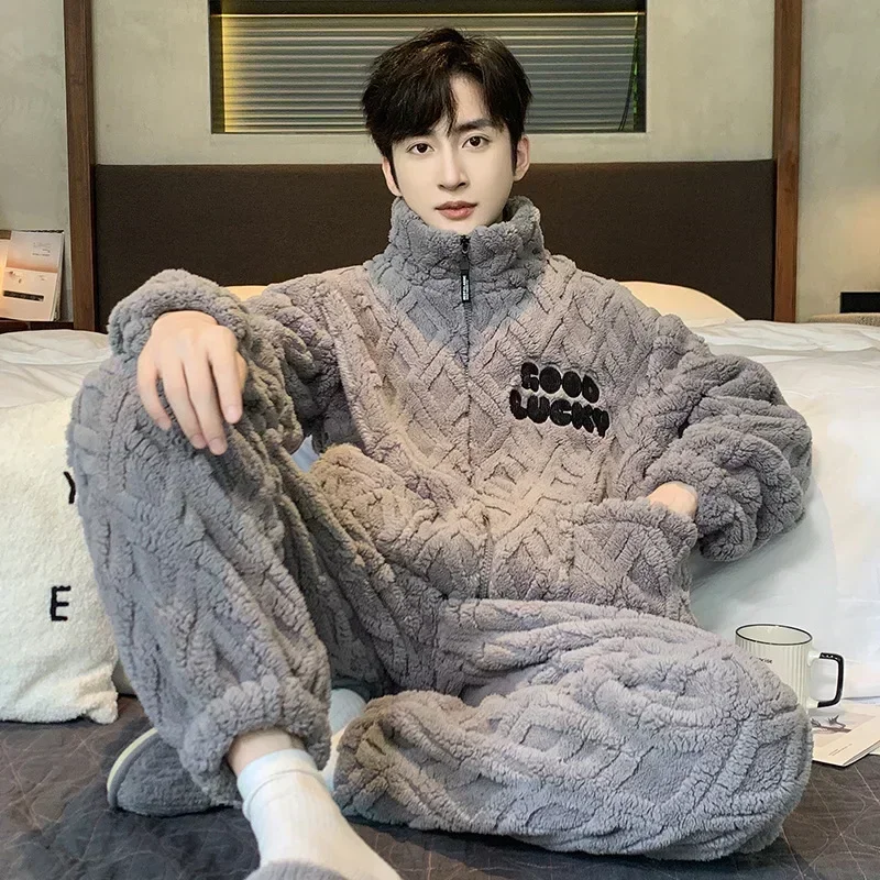 Winter Warm Stand Collar Zipper Pajama Sets Men's Jacquard Coral Fleece Coat + Long Pants 2 PCS Sleepwear Male Loungwear Clothes