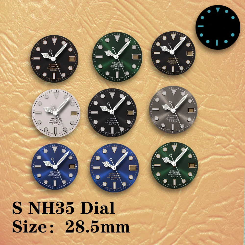 28.5mm S Dial NH35 Dial W-ater-Ghost Black Dial Sun Dial Fit NH35 NH36 Movement Ice Blue Luminous Watch Modification Accessories