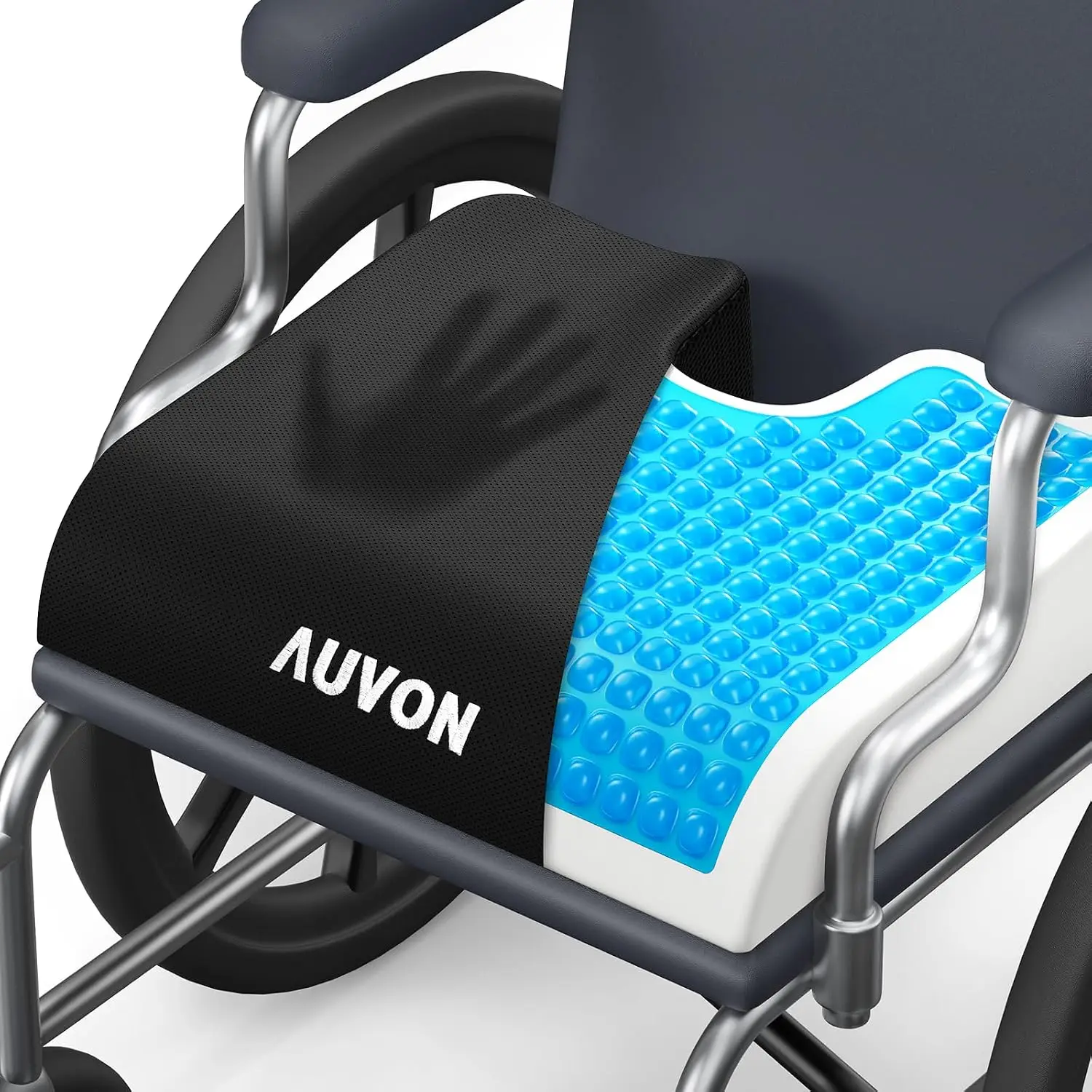 Gel Wheelchair Seat Cushion with Waterproof Cover, Anti-Sore U-Cutout for Tailbone, Memory Foam for Office & Chair, Anti-Slip Strap