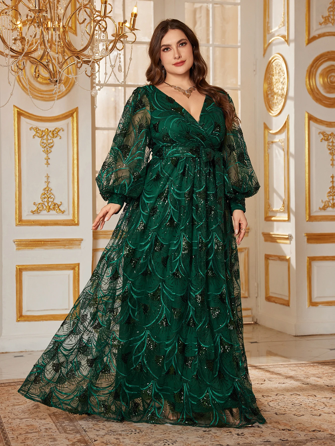 UNITHORSE حجم كبير المرأة العميق فانوس على شكل حرف v كم لامع الترتر Cinched محرك الخصر حتى فستان الحفلات المسائية الرسمية #3