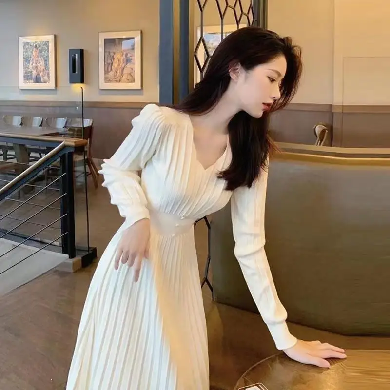 

Women's Knit Dress 2023 Autumn Winter V-Neck Waist Elegant Pleated Dresses Bottoming Long Sweater Dress Female Gentle Date New