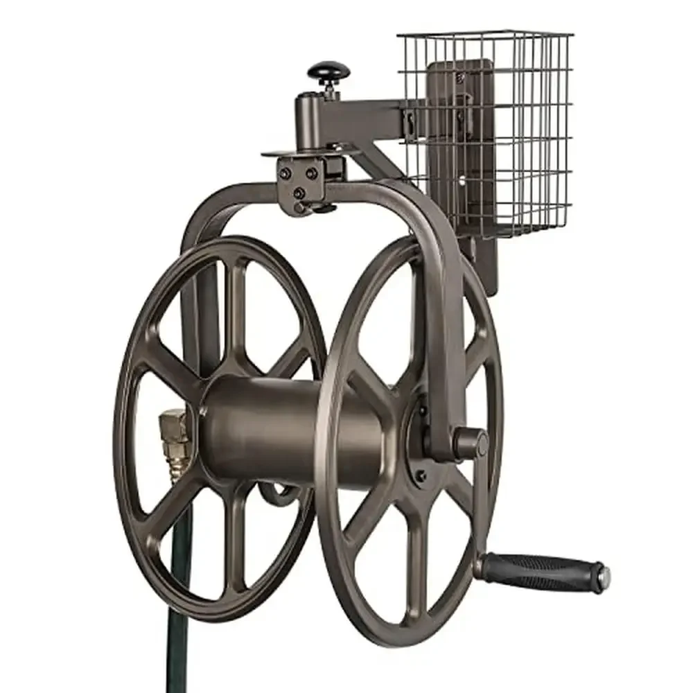 Navigator Bronze Steel Garden Hose Reel Holder 125ft 5/8-Inch Hose Capacity Multi-Directional 360° Rotation Storage Tray Solid