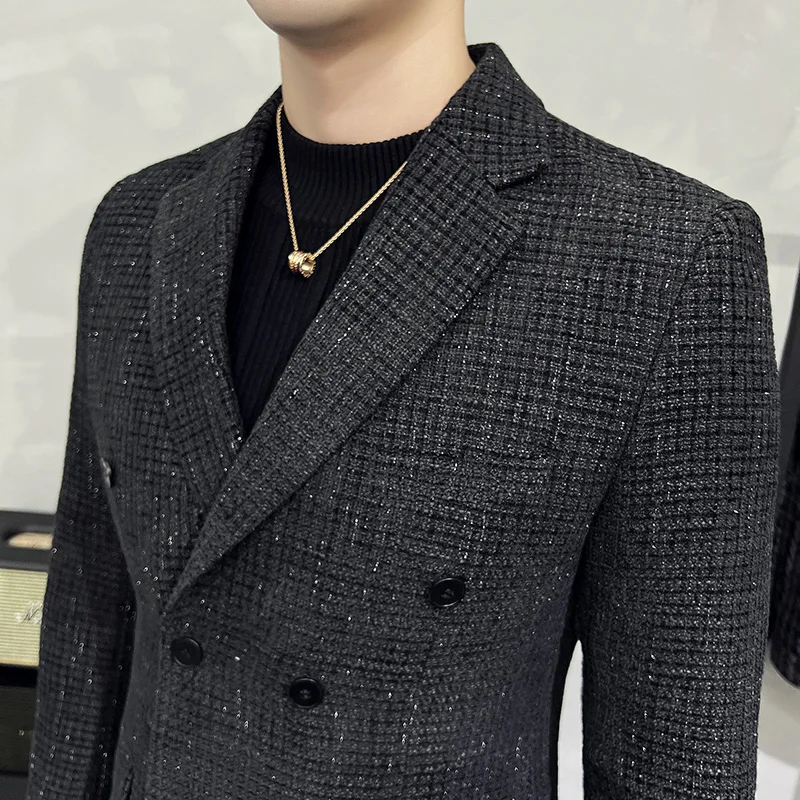 2025 lana de alta calidad ~ elegante todo fósforo textura atractiva gruesa guapo doble botonadura traje Casual hombres chaqueta de traje grueso