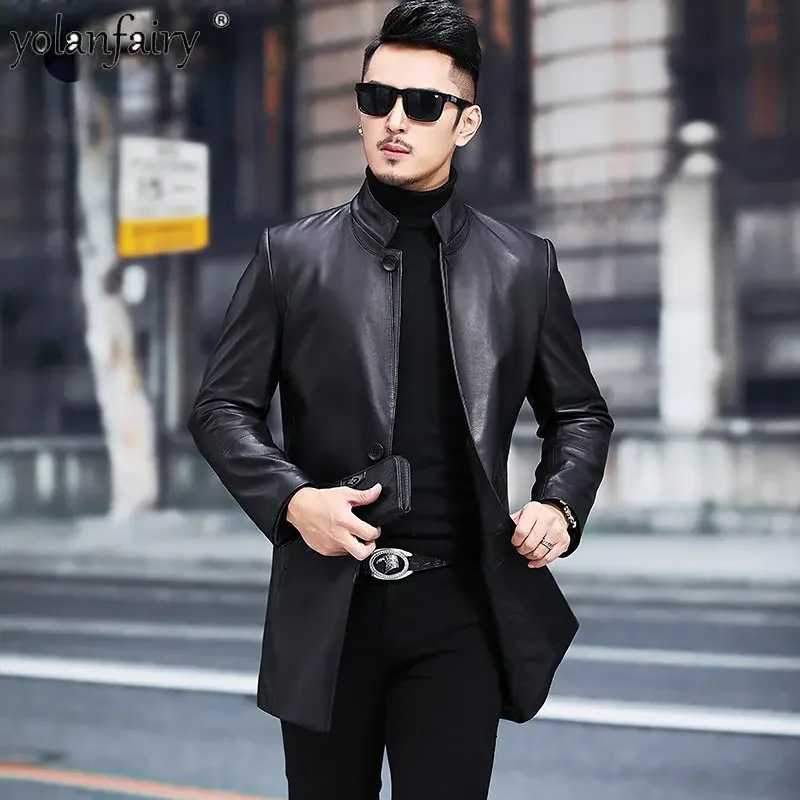 Genuine Leather Trench Coat for Men Clothing Medium Length Stand Collar Soft Plush Real Sheepskin Leather Jacket Spring Autumn F