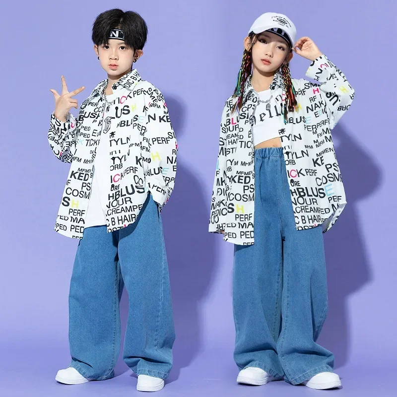 Girls Fashion Jazz Dance Performance Costumes Letter Print Shirt White Vest Blue Jeans Set Boys Hip Hop Dance Outfit Streetwear