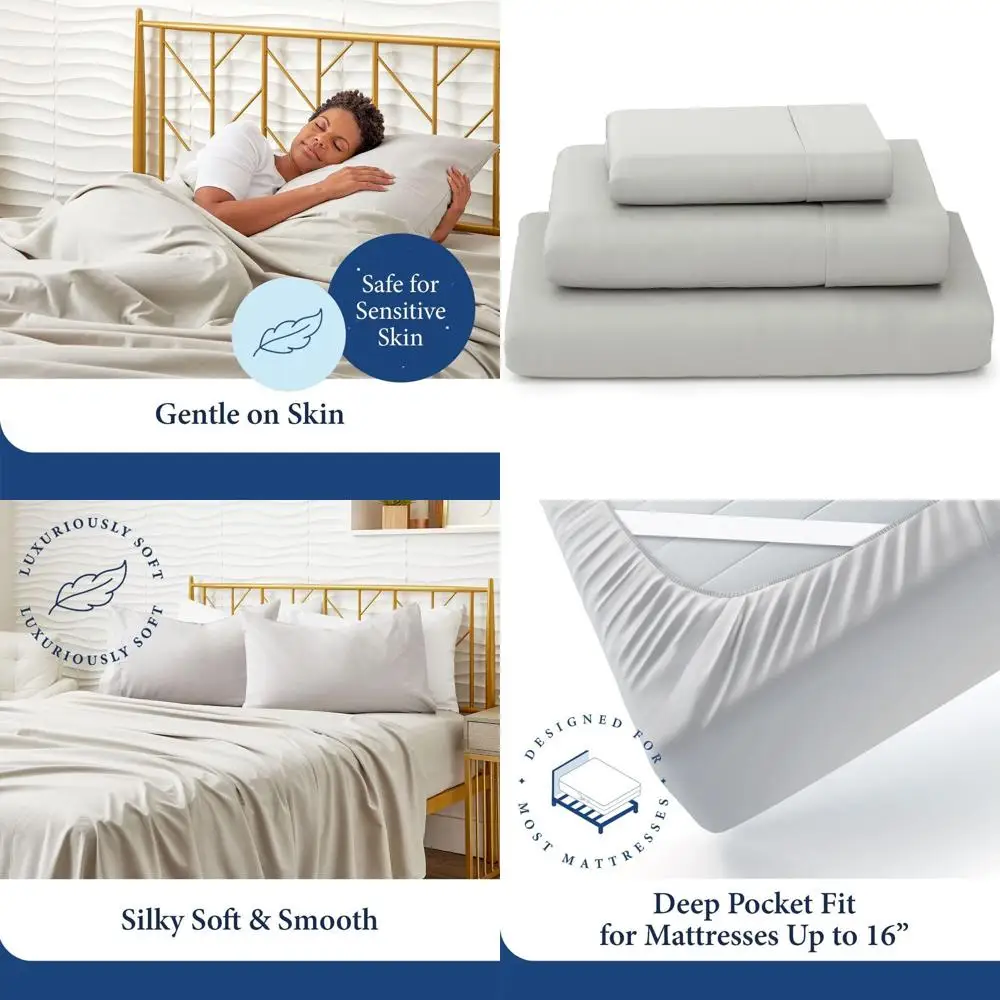 

Bamboo Rayon Blend Sheets - Cool & Breathable, Silky Soft, 16 Pockets, 3-Piece Set, Twin XL, Silver
