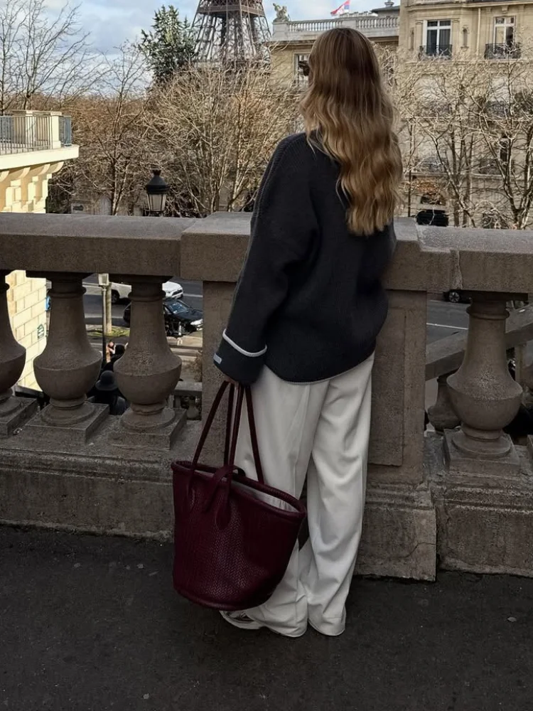 

Женский повседневный серый вязаный свитер с белой контрастной отделкой, высокий воротник, свободные короткие свитера с длинными рукавами, женский повседневный пуловер