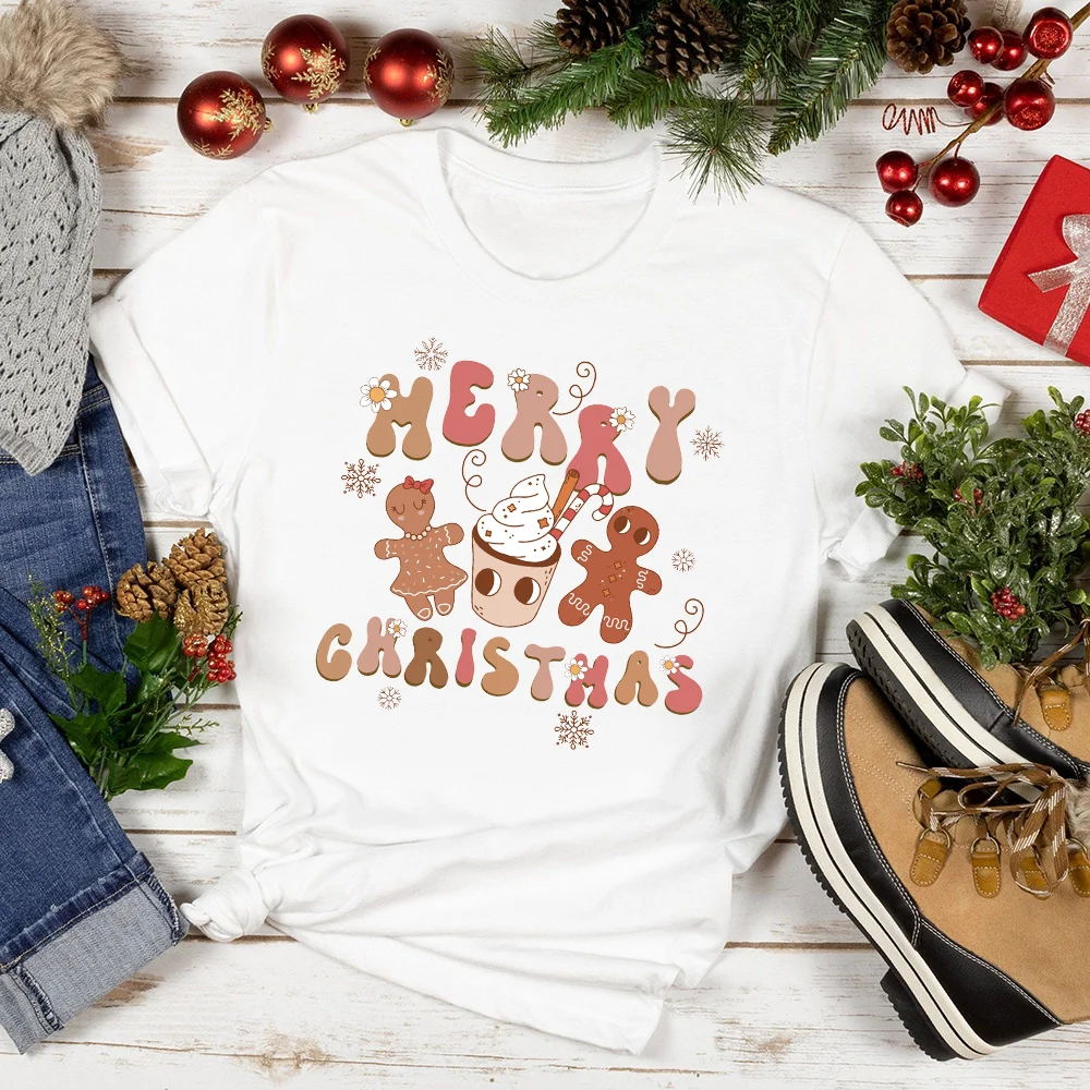 Merry Christmas Women\'s Short Sleeve Tee Christmas Gingerbread Cookies Printed Shirts Xams Party T-shirt Holiday Outfit Tee