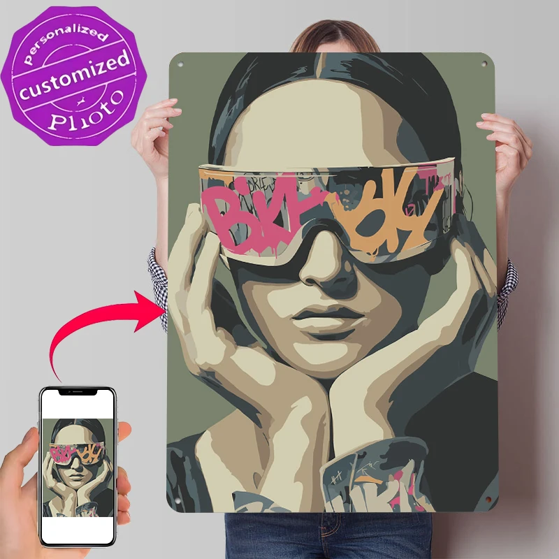 Graffiti-Adorned Sunglasses on Woman Metal Poster Customized Wall Art Retro Vintage Metal Signs for Man Cave Office Decoration