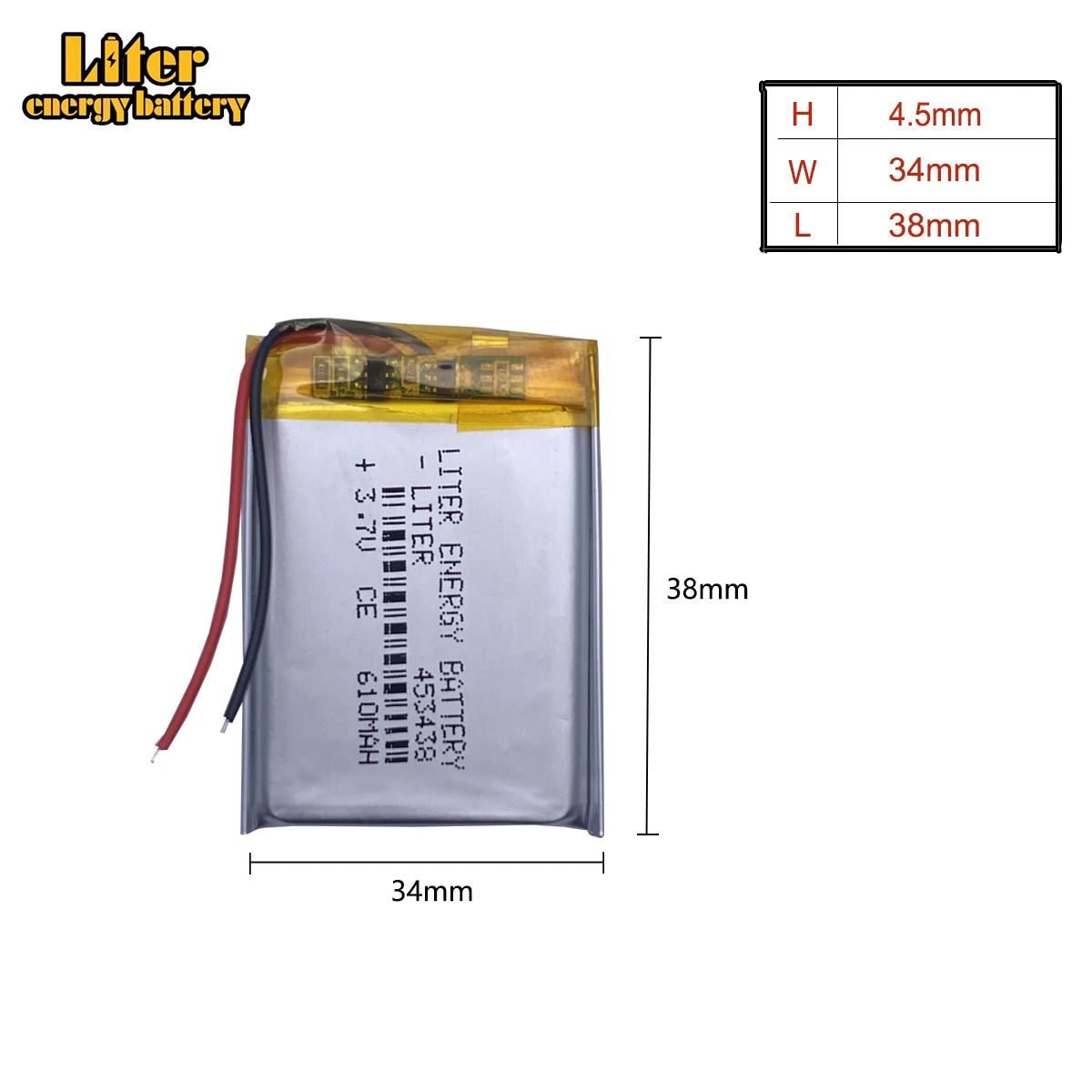 3.7V,610mAH,[453438] Polymer lithium ion / Li-ion battery for MP3,MP4,SPEAKER,bluetooth,GPS,toy,smart watch