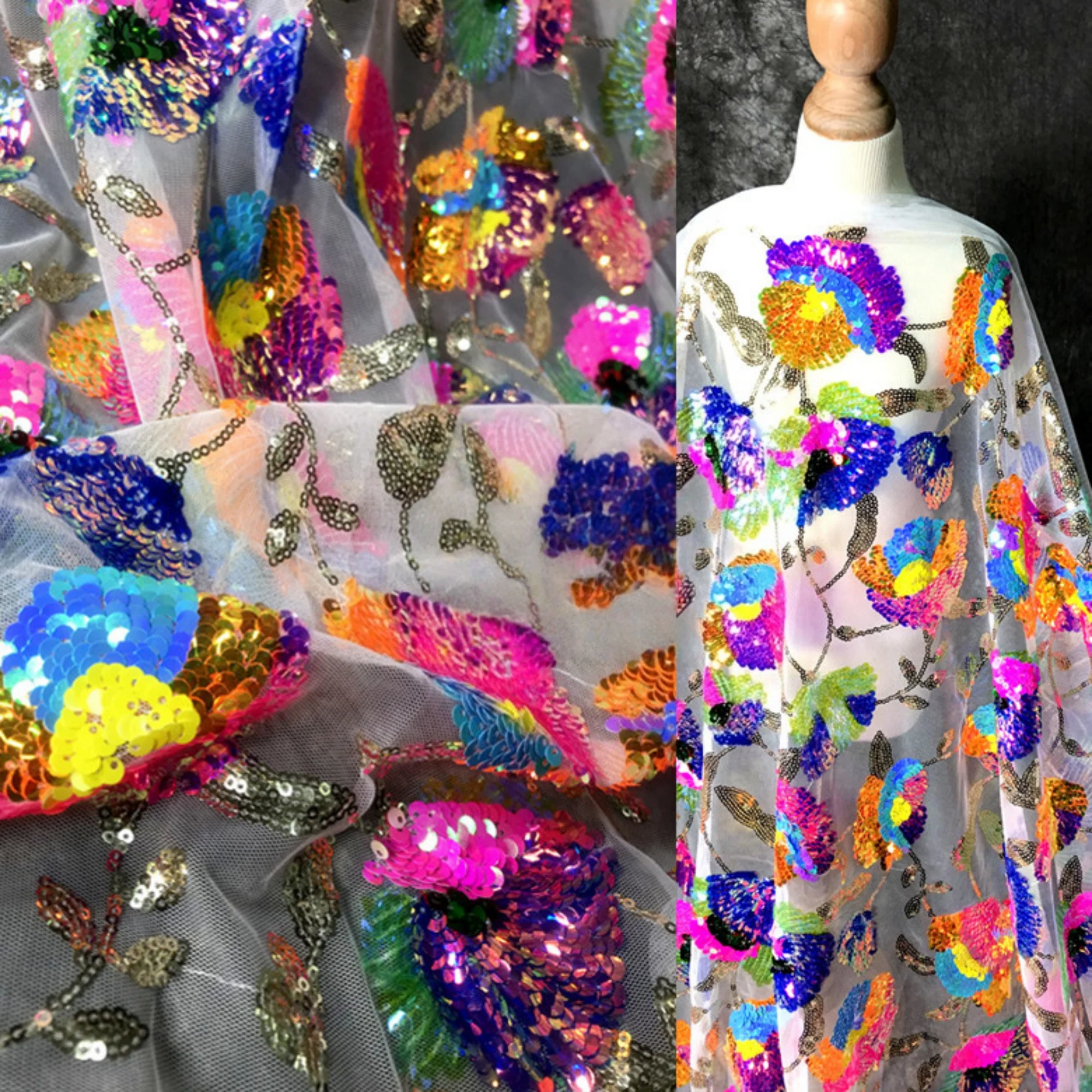 0.5 متر عرض 51.18 بوصة قماش تول أبيض ترتر زهري قماش دانتيل ثلاثي الأبعاد ، لفستان حفلة موسيقية الزفاف بنفسك #1