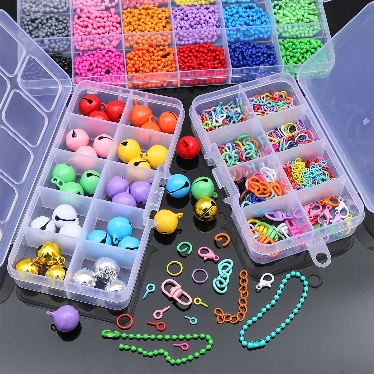 

8-Grid Spray Painted Bell 24-Grid Iron Bead Chain 10-Grid Keychain Accessories Set - DIY Jewelry Making Materials Set Box