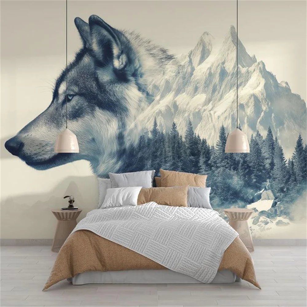 Heart Hidden in Wilderness｜Double‑Exposure Snow‑Mountain Wolf Atmospheric Bedroom Mural
