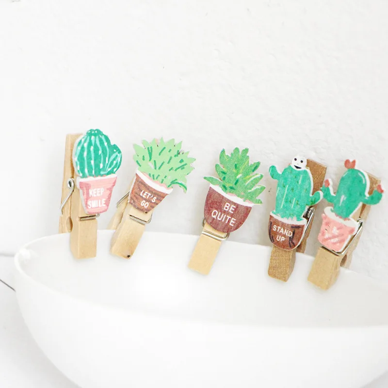 10pcs 35x7mm Cactus Wooden Peach Hanging Photo Clips Memo Paper Art Card Clothespin Stationery Wedding Party Craft Decor