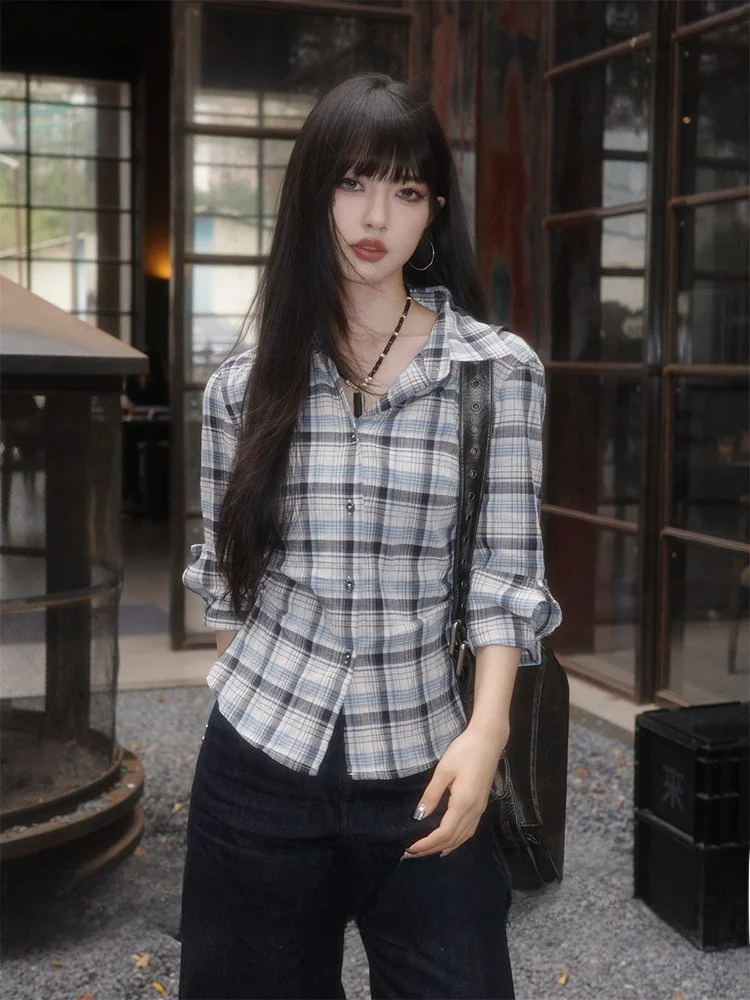 

Рубашка в клетку для похудения 322: Новинка, повседневный стиль, весенний сезон, женская свободная рубашка с длинным рукавом из смесового хлопка