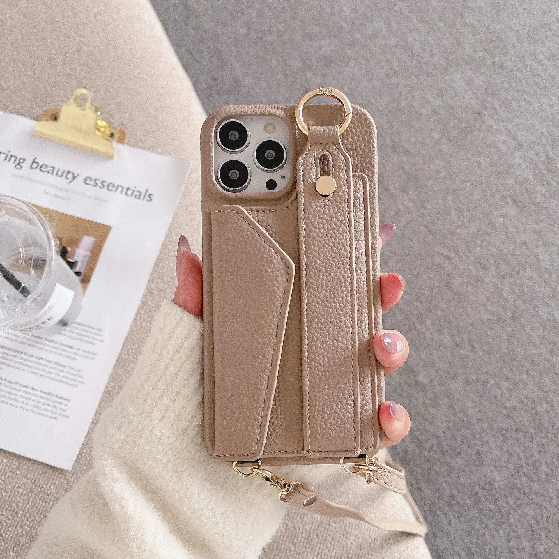 Ring-Crossbody-Handgelenkriemen-Brieftaschen-Lederhülle für iPhone 17 16 15 14 13 12 11 Pro Max Handyhülle mit Kartenfach und Lanyard – Detail 15