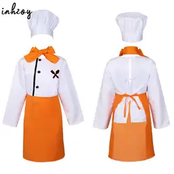 4Pcs Chef Costume Kids Kitchen Uniform Set Long Sleeve Cooking Tops with Scarf Apron and Hat Children Cosplay Chefs Cook Clothes