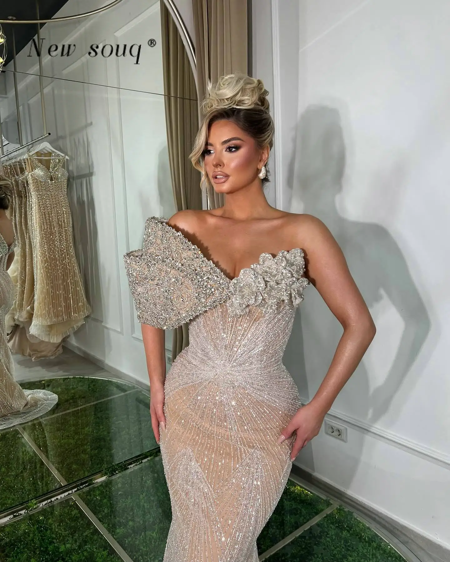 Sparkling Nude Champagne One Shoulder Mermaid Party Dresses 2024 Arabic Sleeveless Long Wedding Evening Gowns Fashion Abiye