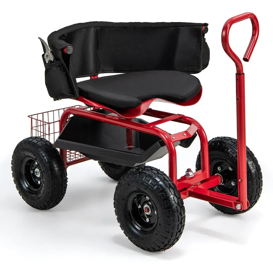 Garden Cart for outdoor use, steel frame, black, padded seat and all-terrain wheels for smooth maneuverability