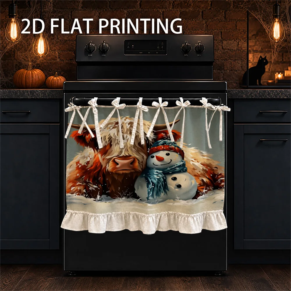 1PC kitchen stove curtain, cabinet curtain and apron. Featuring a 2D graphic design featuring a highland cow and a snowman in th